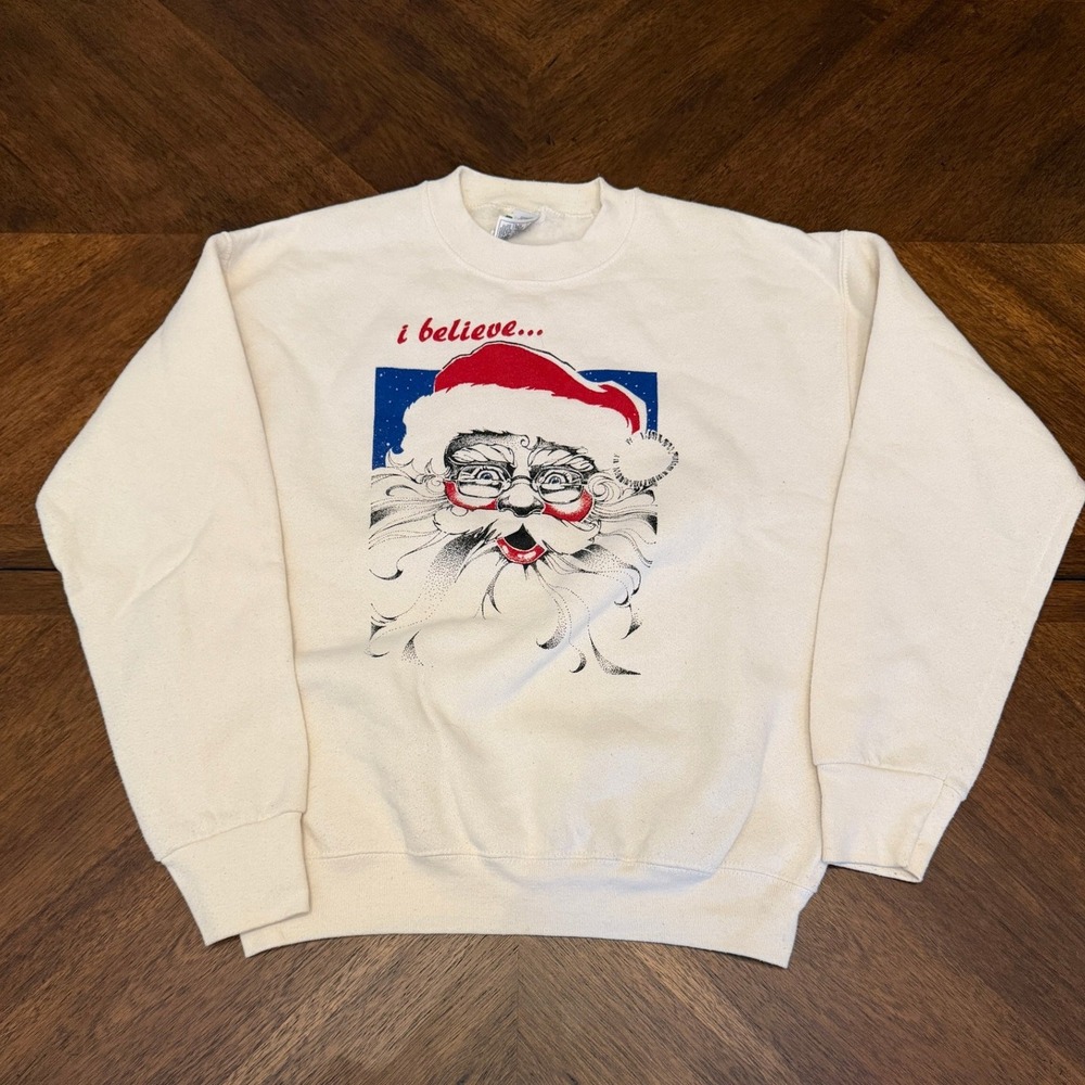 Vintage Fruit of the Loom Santa Walmart Sweatshirt Mens Medium Cream I Believe